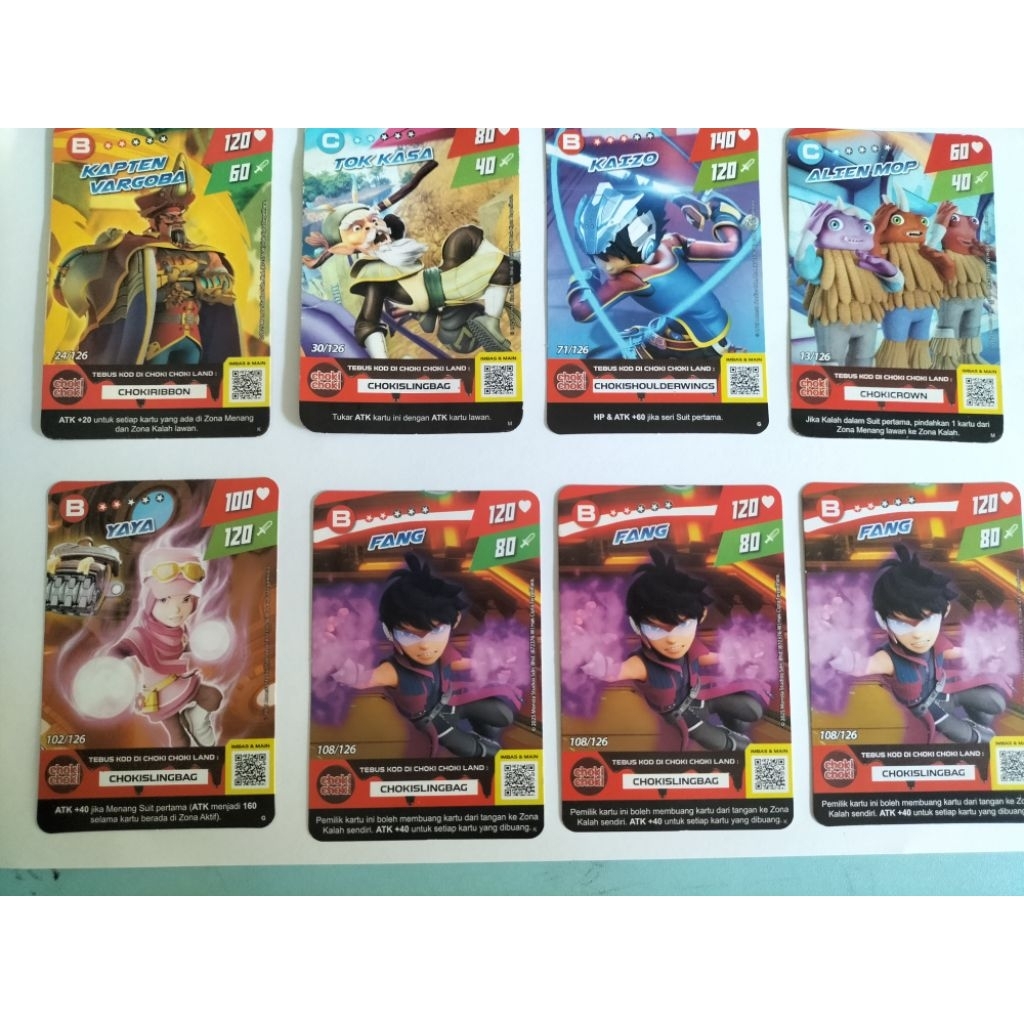 Kartu Boboiboy asli dari Choki Choki versi Yaya, Fang, Kapten Vargoba, Tok Kasa, Kaizo, Alien mop