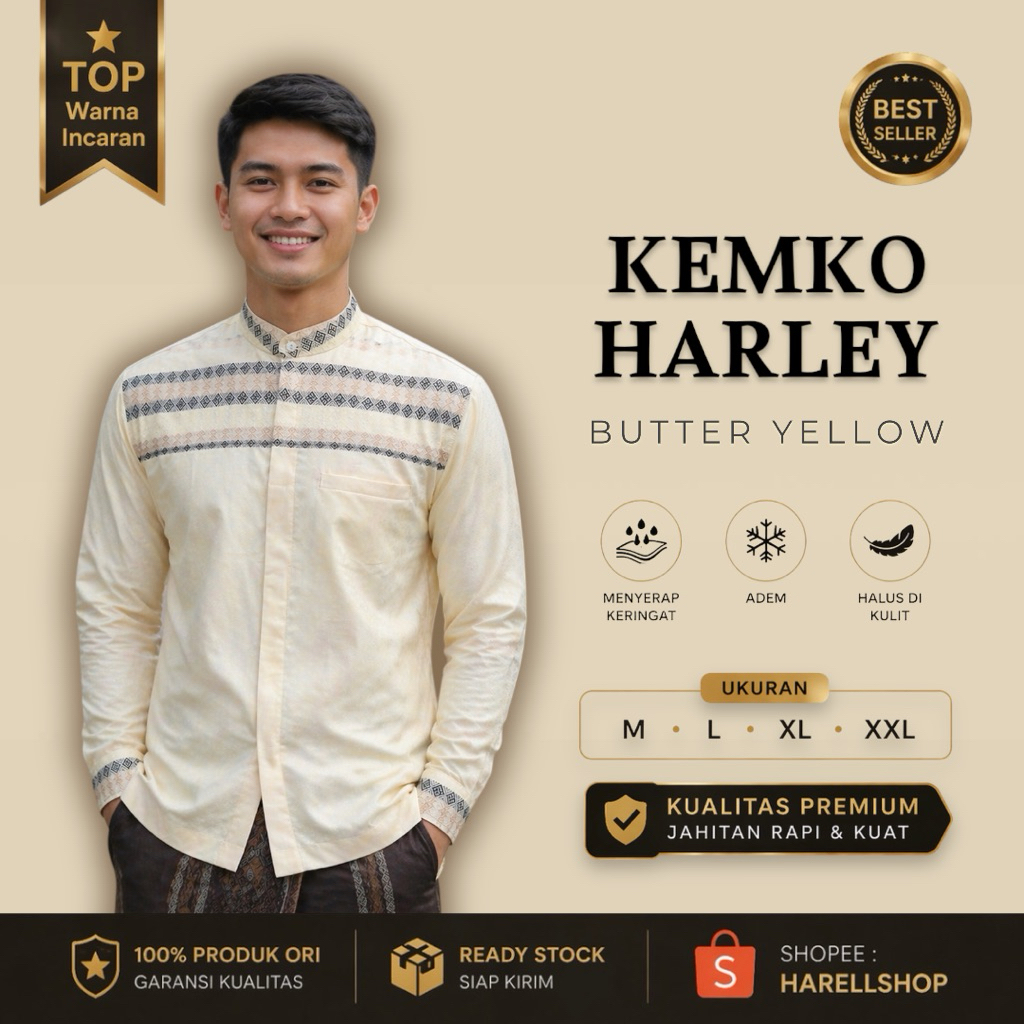 Kemko Harley - Butter Yellow Kemeja Koko Pria Modern Soft Color M L XL XXL Soft Blue Abu Silver Biru