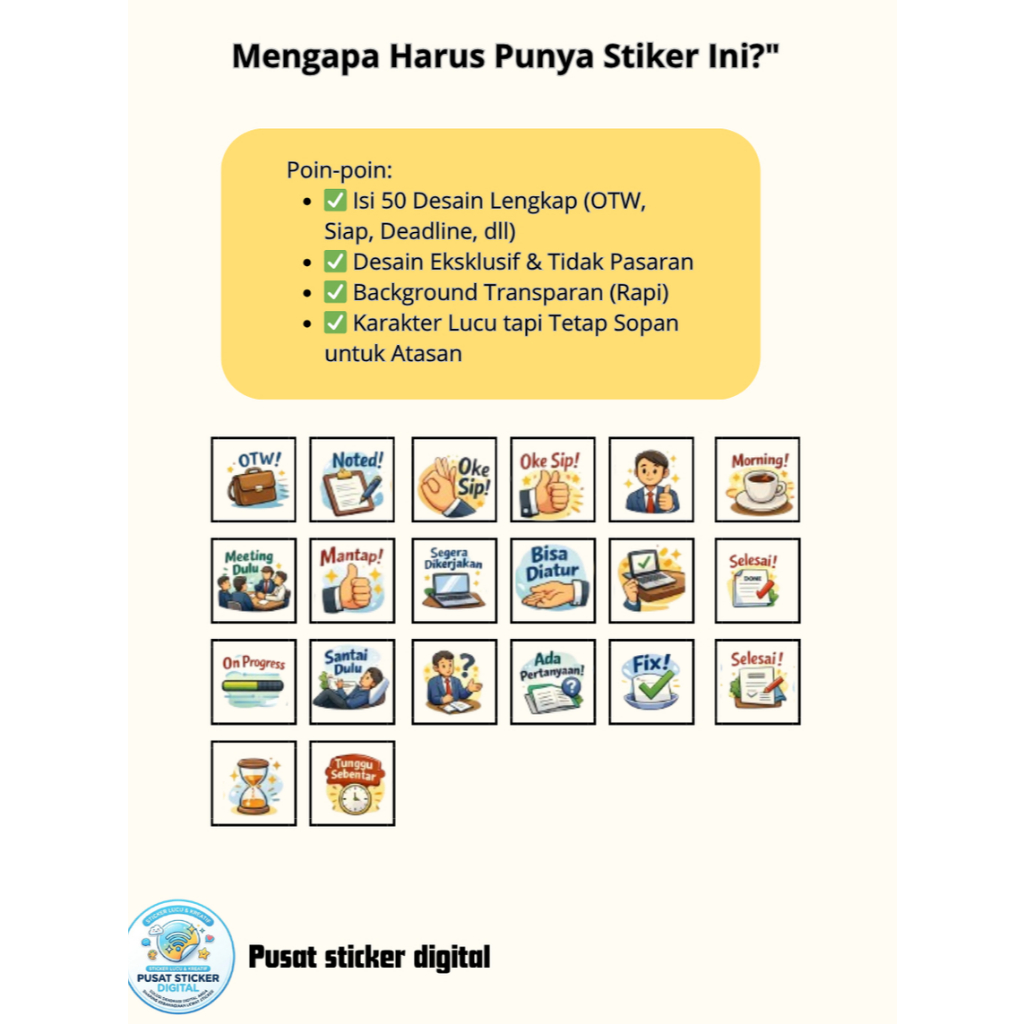 50+ Stiker WA Kerja Lucu & Formal - Paket Sticker WhatsApp Kantor Digital Pro