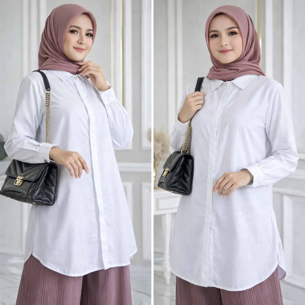 Zalfa Daily tunik rayon twill ALINA full kancing depan tertutup lengan manset kancing