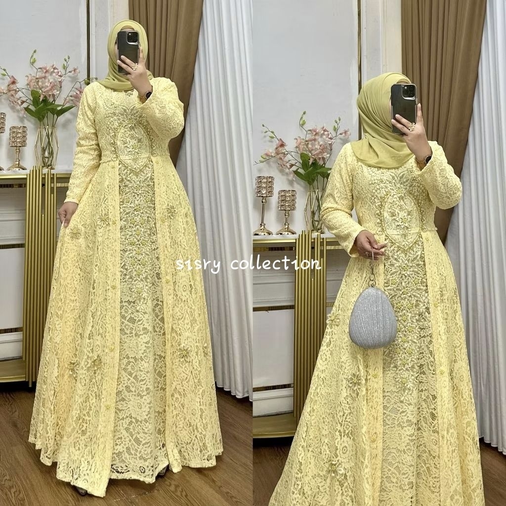 Free Hijab Gamis Brokat Bordir Emas Mewah untuk Pesta