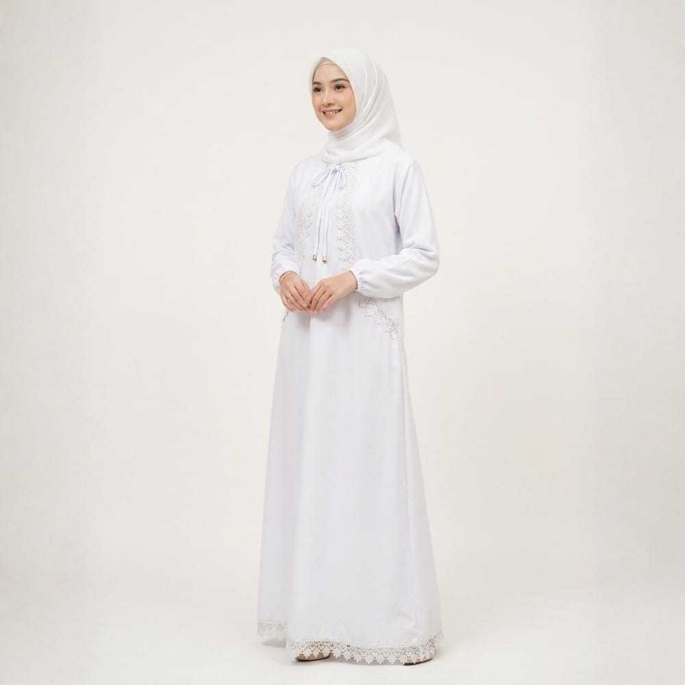 Gamis Putih Hitam Wanita Terbaru Elegan Renda Mewah - Abaya Muslimah Premium Syari Busui Friendly - 