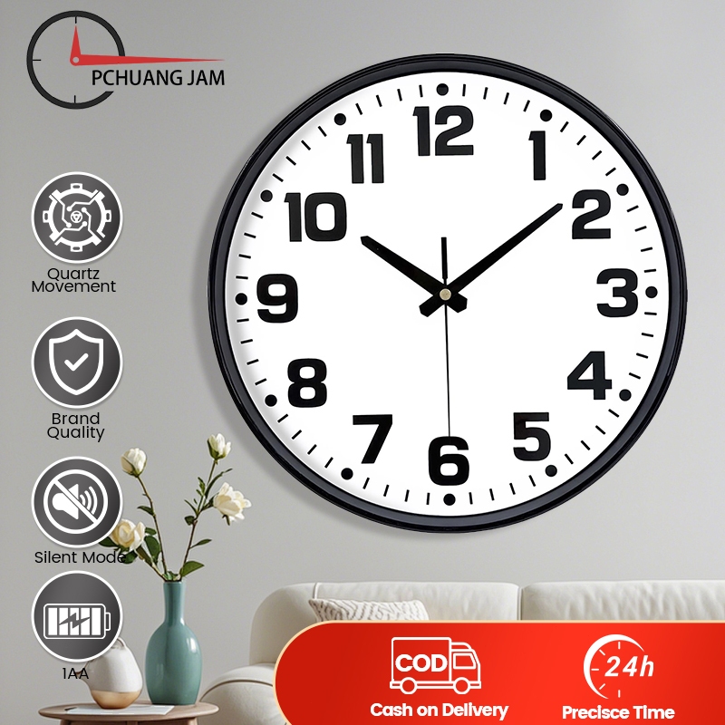 Jam dinding minimalis tanpa suara, tersedia dalam tiga ukuran: 20 cm, 25 cm, dan 30 cm. Beroperasi s