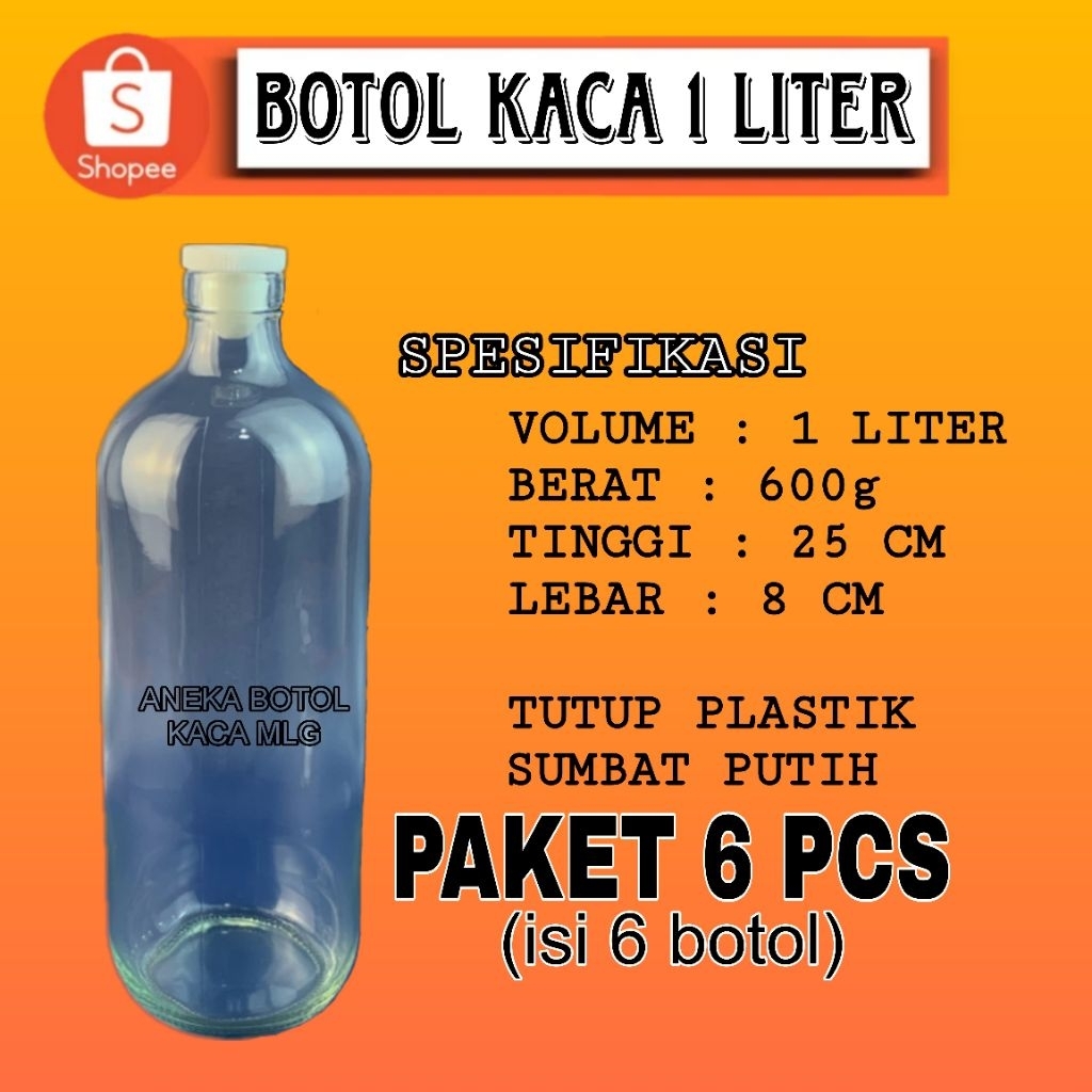 PAKET 6 PCS ,botol kaca 1 liter, botol kaca bensin 1 liter + tutup