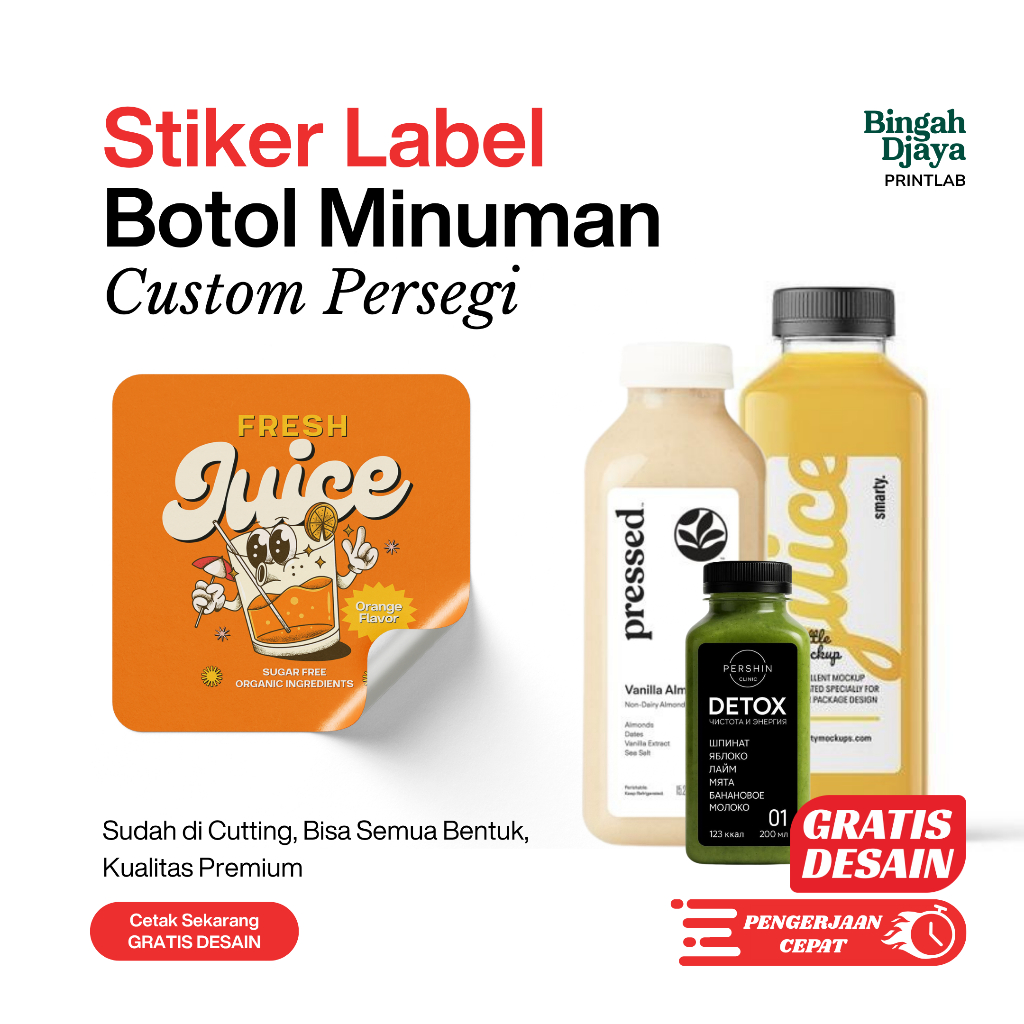 Cetak Stiker Label Botol Minuman Custom Persegi | Stiker Jus Kopi Susu UMKM Anti Air | Gratis Desain