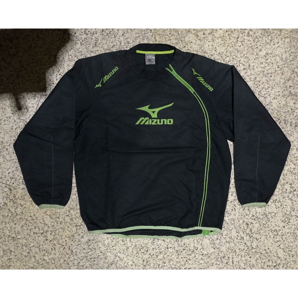 Mizuno Vintage Windbreaker Jacket Black Lime Green Diagonal Zip Men's Size L JASPO