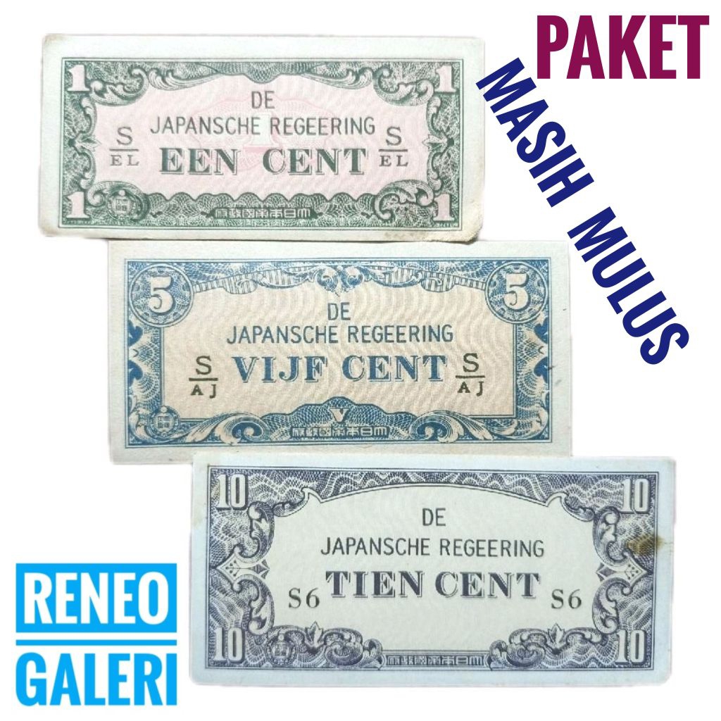 Paket 3 lembar miniset seri DJR tahun 1942 De Japansche Regeering Uang kertas kuno jaman pendudukan 