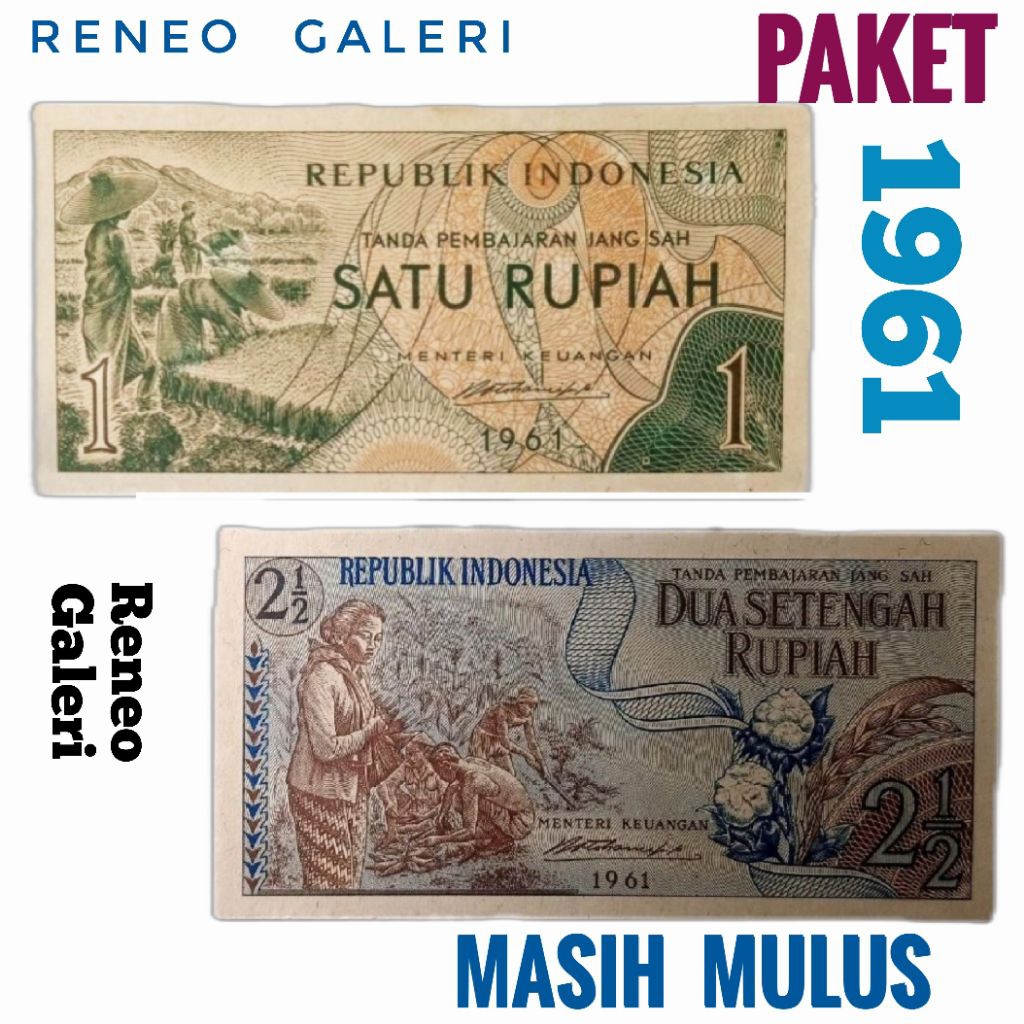 Paket 2 lembar Tahun 1961 Seri sandang pangan Uang Kertas Kuno 1960 duit lama Indonesia asli Mulus o