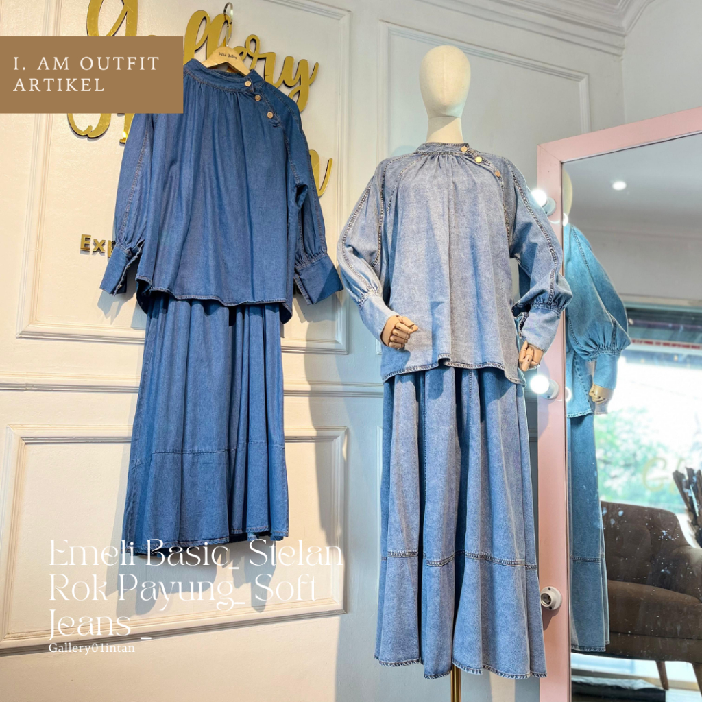Stelan Jeans Bawahan Rok Wanita_ Emeli Basic SetRok Payung_ Bahan Soft Jeans_ I.AM Outfit