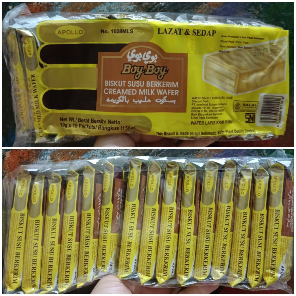 Apollo 150gr BoyBoy Biscuit Susu Berkerim Creamed Milk Wafer Salut White Putih Coklat Krim Susu 15pc