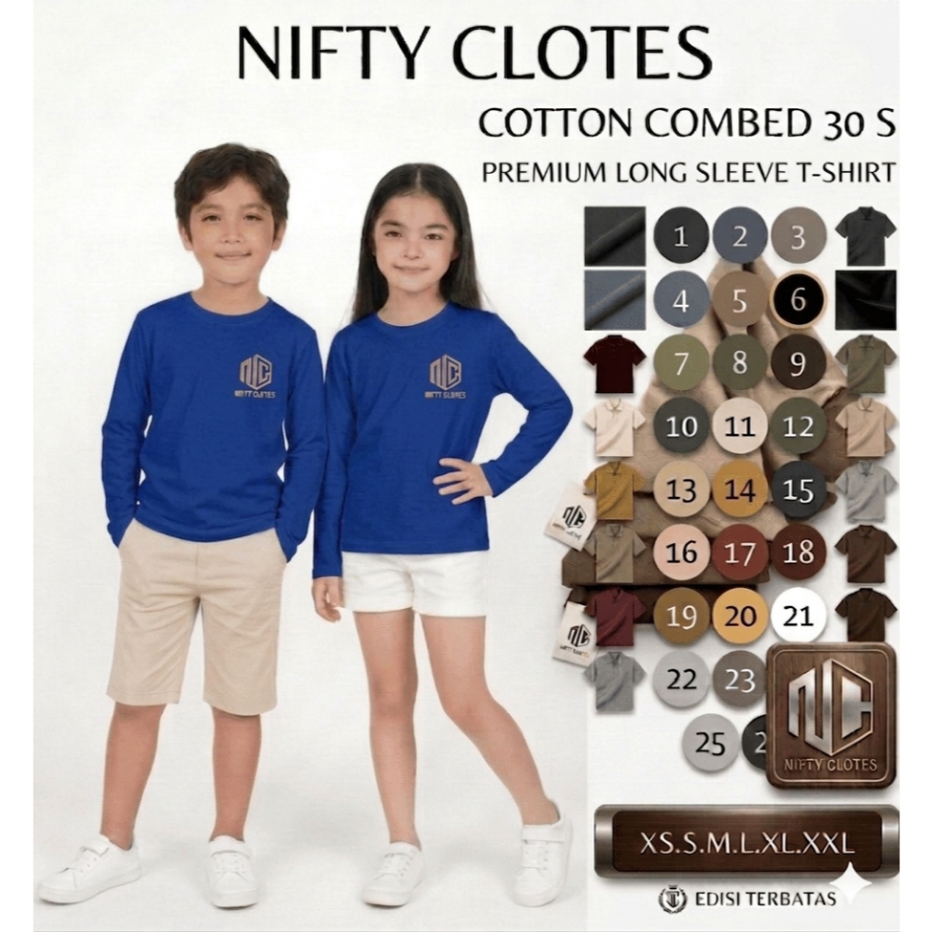 Niftycloth Kaos Polos Anak Lengan Panjang Biru Benhur/ Elektrik