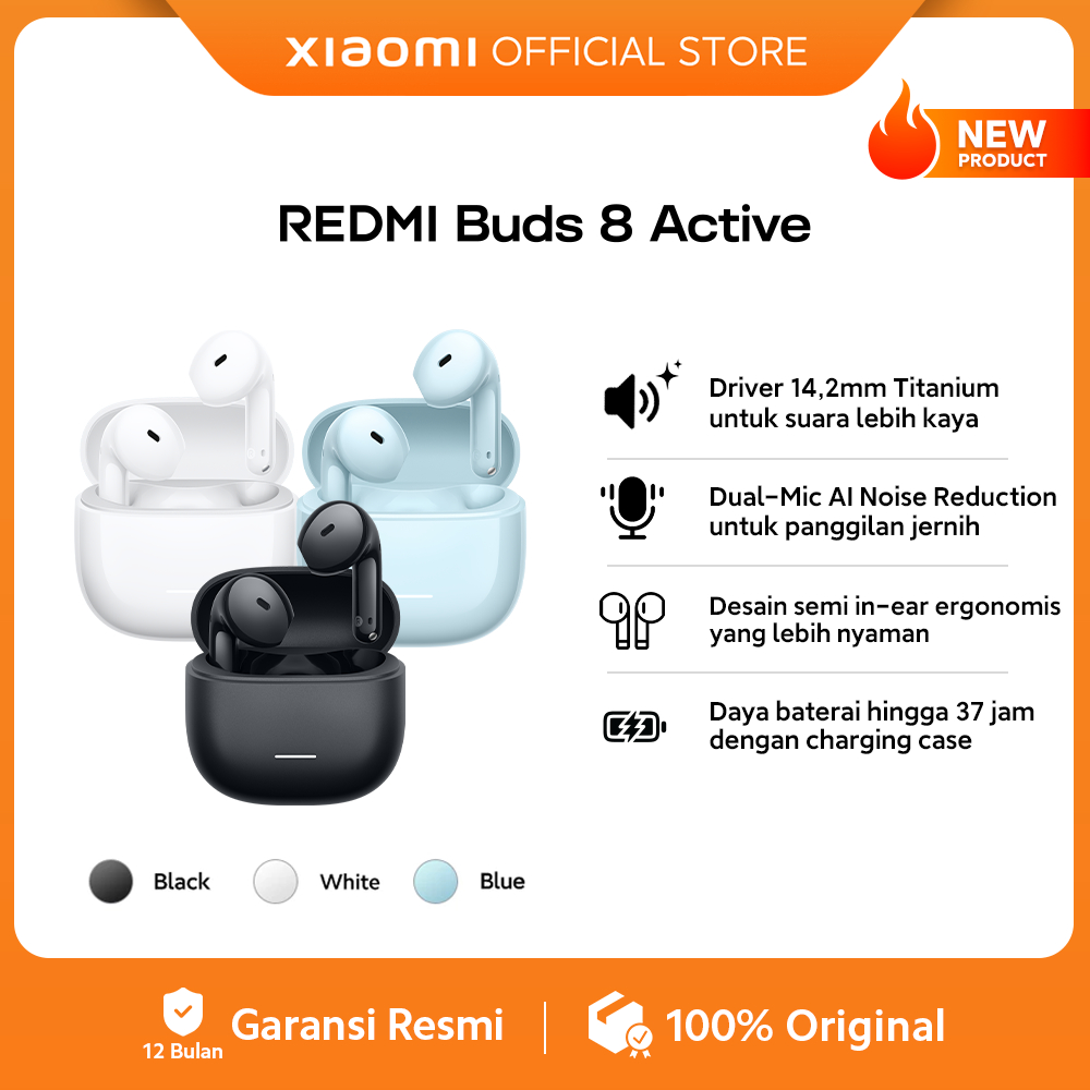 Xiaomi Redmi Buds 8 Active | Driver 14,2mm Titanium | Dual-Mic AI Noise Reduction | Desain semi in-e