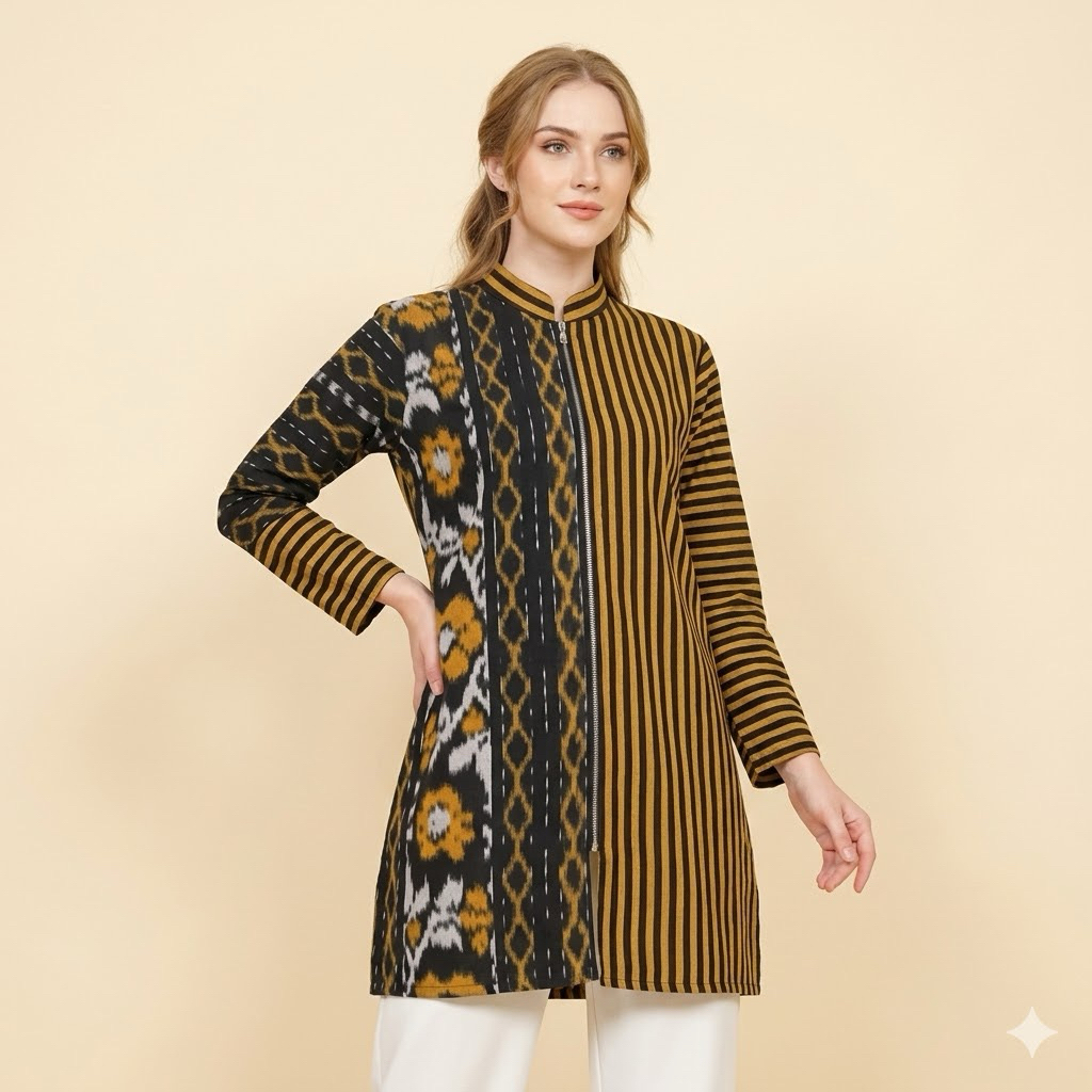 Shanaya Baju Batik Wanita Tunik Tenun Zipper Depan Bisa Request lapis tricot tunik elegan batik mode