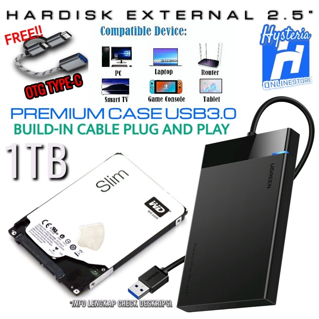 Hardisk Eksternal 1TB Premium Case USB3.0 | HDD Hard disk External 1Tb WD Slim +UGreen Premium Case 