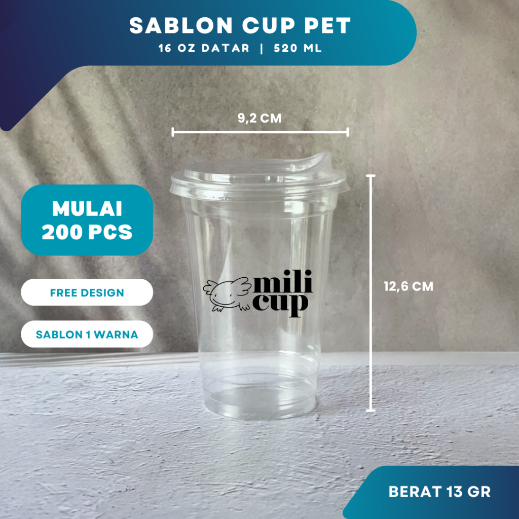 Sablon Gelas Cup Plastik PET 16 Oz Datar / Oval Custom Logo | Cetak Gelas Plastik Kopi Cafe Premium 