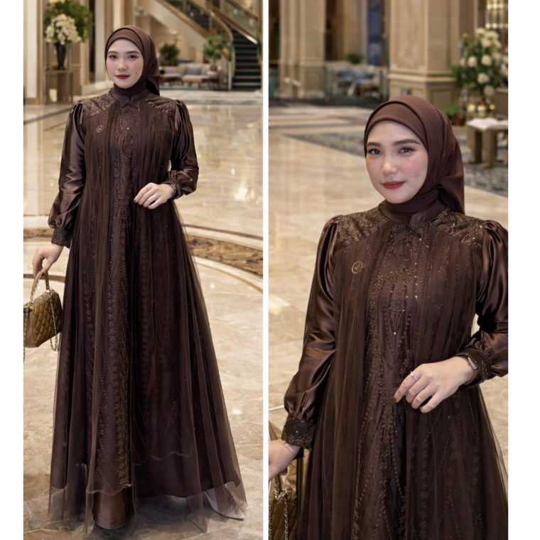 Gamis Thalia Dress Muslim Hijau Botol Mewah Velvet Brukat Tille Pakaian Viral Wanita Pesta Terbaru