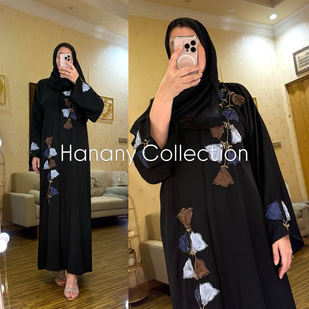 Abaya dubai hitam bunga coklat biru putih