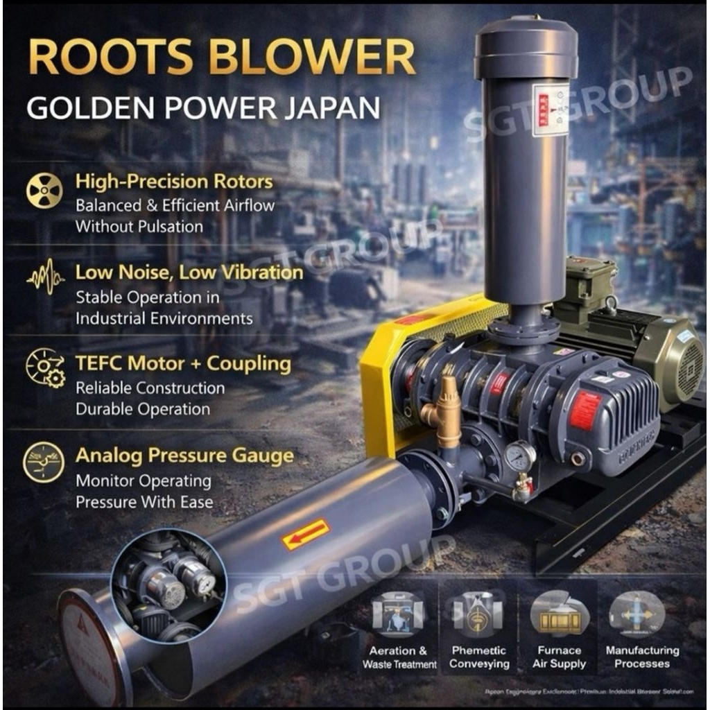 Root Blower GoldenTech GT-080 7,5HP 5,5kw Air Blower Industri Tekanan Tinggi / IPAL / AERASI