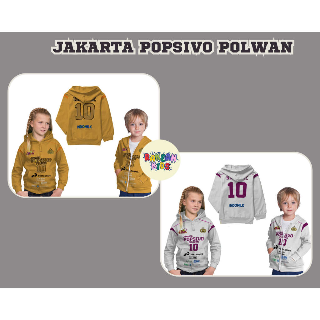 Jaket Hoodie Anak Jersey Olahraga Voli Volly Jakarta Popsivo Polwan Emas Gold & Putih Full Printing 