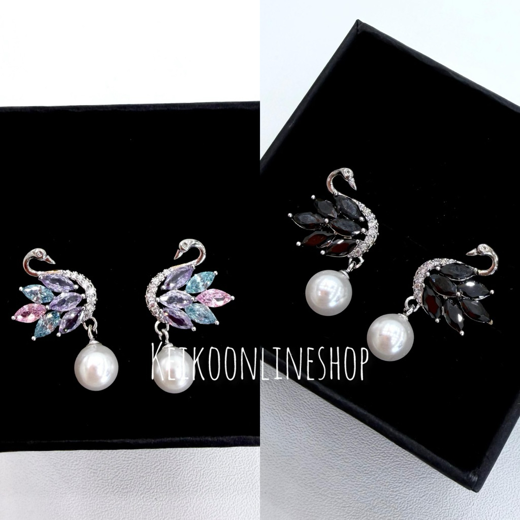 Anting Swan Juntai Mutiara Diamond Zircon Silver925 Anti Karat Elegan Mewah Anting Angsa