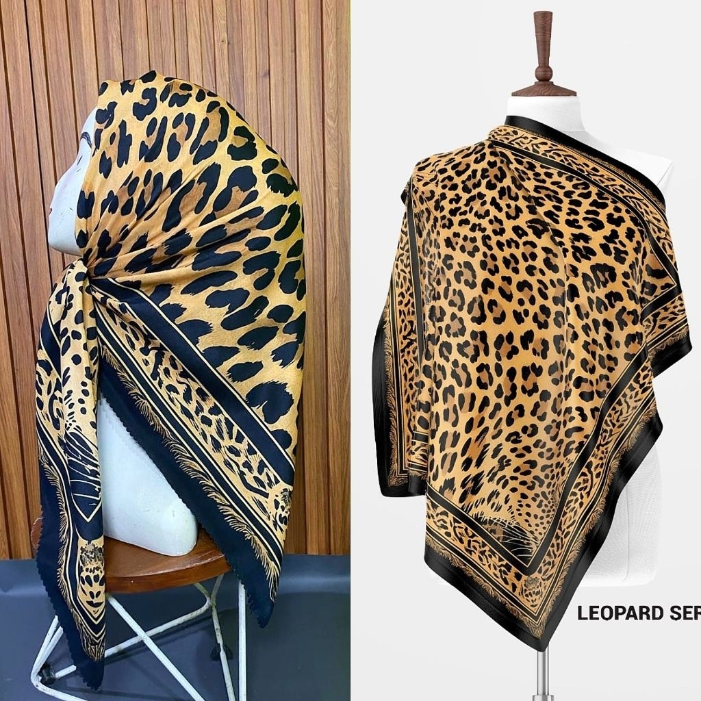 KERUDUNG SEGI EMPAT VOAL MOTIF LEOPARD KUNING HITAM 347
