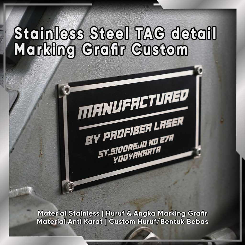 Stainless Steel Tag Custom Grafir Laser | Nameplate Mesin Engine & Sign Petunjuk