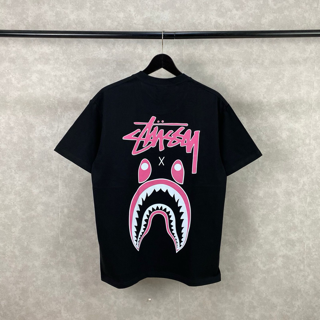 Baju Kaos STUSSY X BAPE Ape Head Black Tee Cotton T-Shirt Baju Kaos Atasan Pria & Wanita Unisex Stus