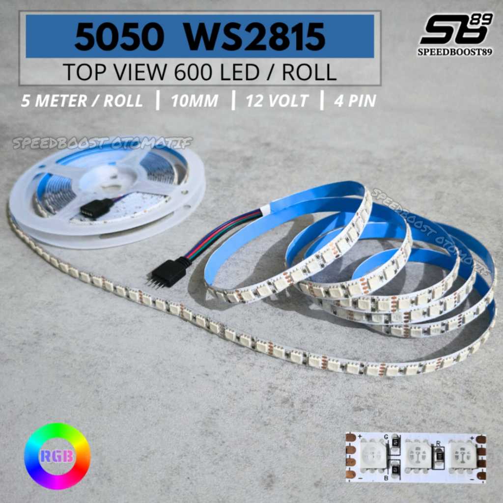 LED Strip RGB 5050 4 PIN 120 Led / Meter DC 12 Volt Top View 5 Meter 1 Roll Lebar PCB 10MM
