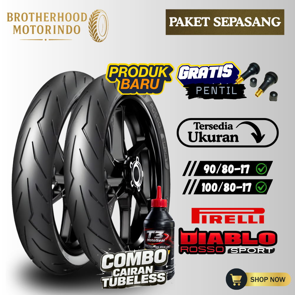 (PAKET SEPASANG) BAN PIRELLI DIABLO ROSSO SPORT RING 17 TUBELES (90/80-17 / 100/80-17) BAN RING 17 /