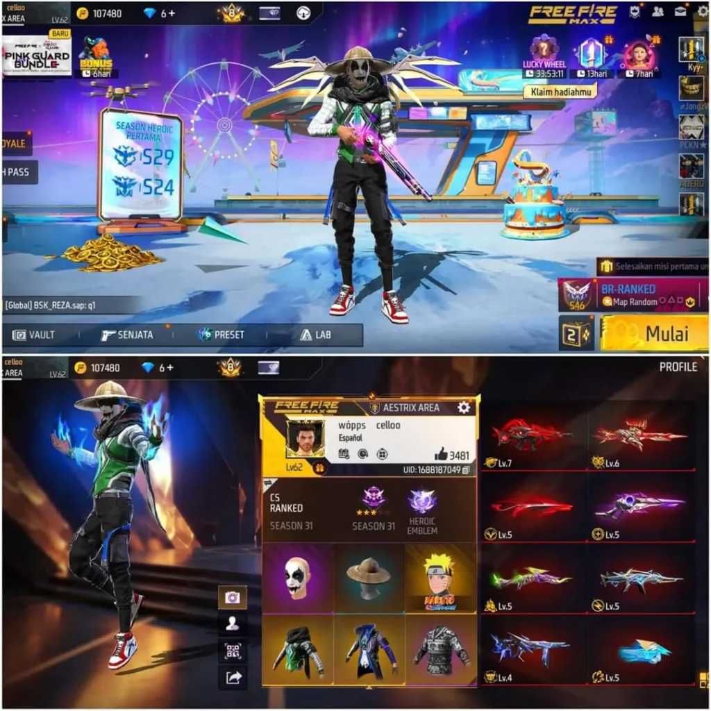 AKUN FF Sultan-Level Tinggi,Skin Langkap,ready akun ff murah-bagus ff full skin