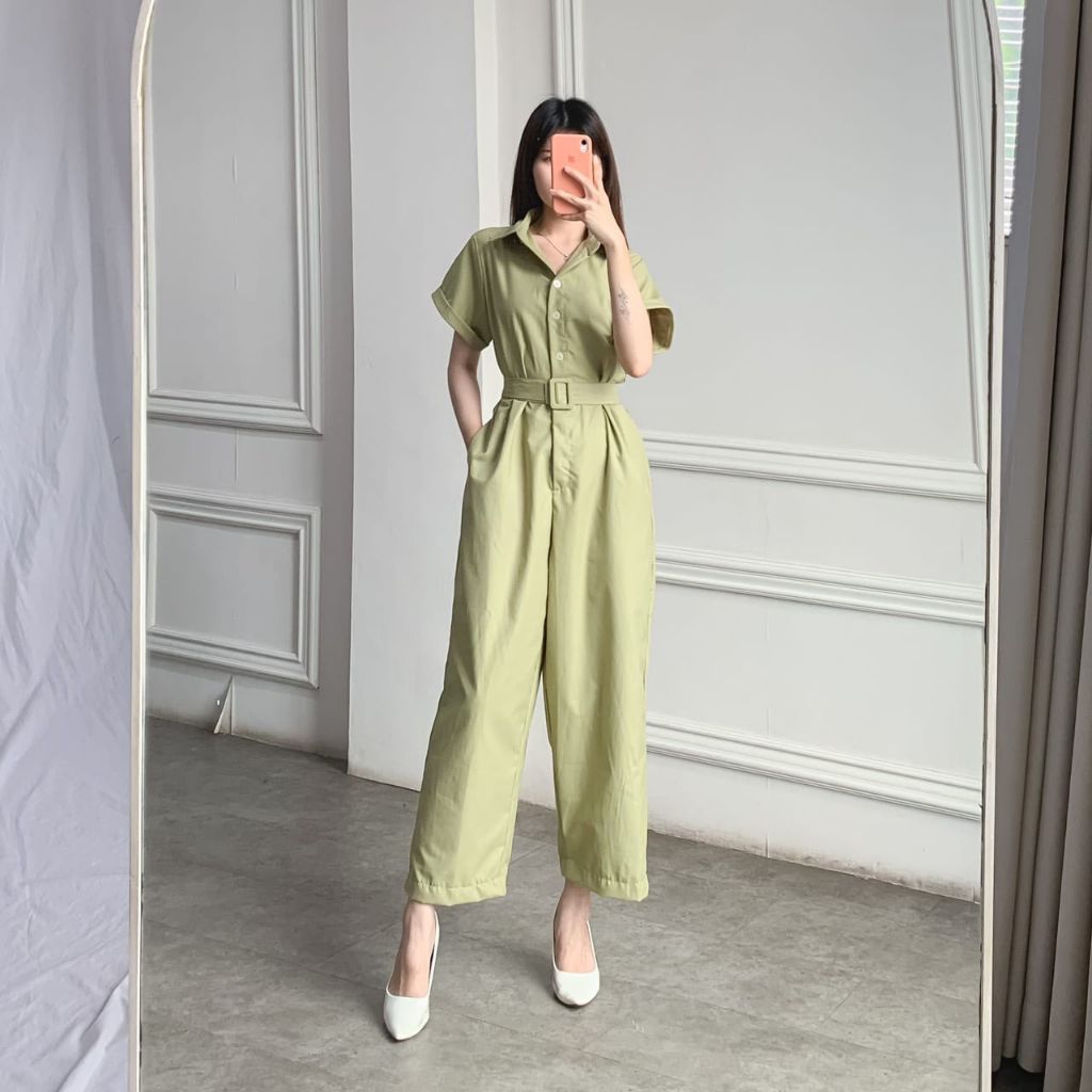 Pieters Long Jumpsuit Wanita Casual Katun Oxford Polos Free Belt