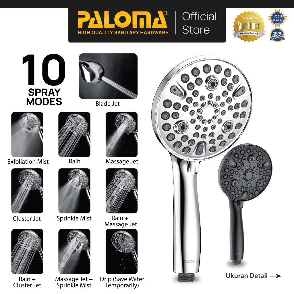 PALOMA HSP 1901 Hand Shower Mandi Handshower Head Kepala Sower ABS Bathroom 10 Mode Chrome Krom Blac