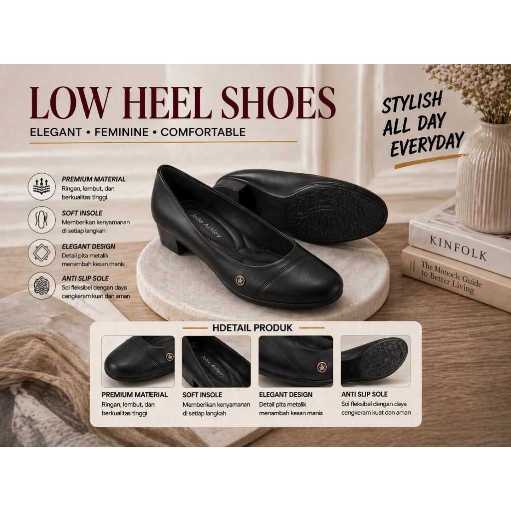 Jolie Ashley Aileen Sepatu Pantofel Wanita Hitam Elegan – Sepatu Kerja Formal Heels Pendek Nyaman An