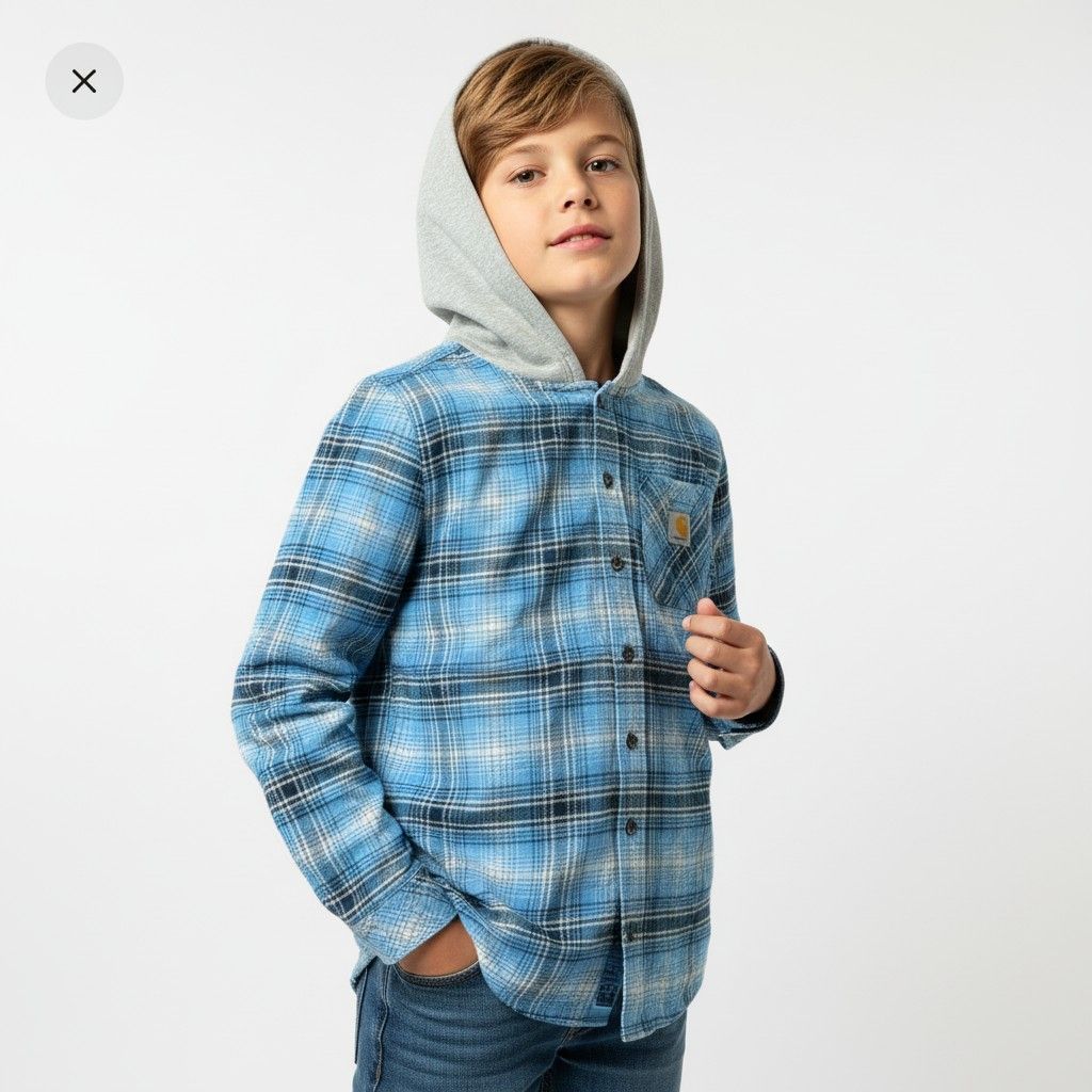 CARHARTT BOYS' LONG-SLEEVE FLANNEL BUTTON-FRONT HOODED SHIRT (Boys Size) Kemeja Hoodie Original