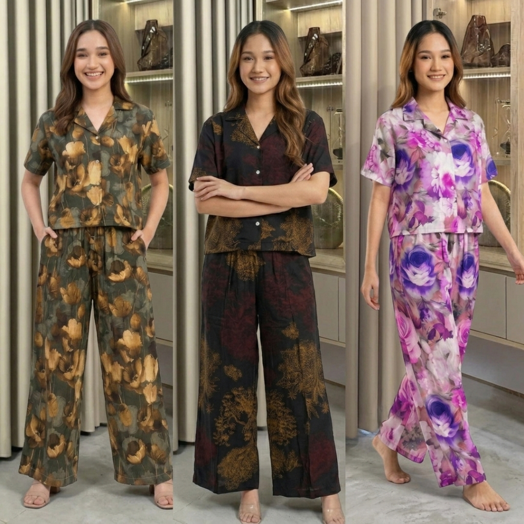 One Set Celana Kulot Crop Floral Rayon Viscose Super Adem Motif Bunga Busui Jumbo Size Pakaian Sleep