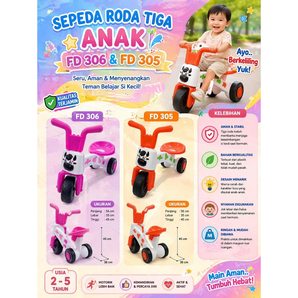 SEPEDA RODA TIGA SEPEDA SAPI MUSIK LAMPU & NON MUSIK FD 306 & FD 305