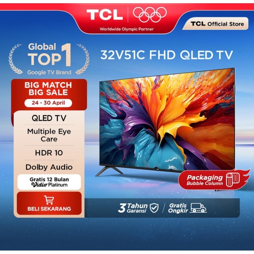 TV TCL 32 HD QLED V5C HDR 10 PRO GOOGLE TV TV GRATIS ONGKIR SAMPAI CILACAP KOTA