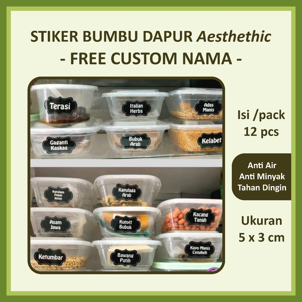 12 pcs Stiker Label Bumbu Dapur Aesthetic Custom Nama Waterproof Anti Minyak - Label Toples Bumbu Vi
