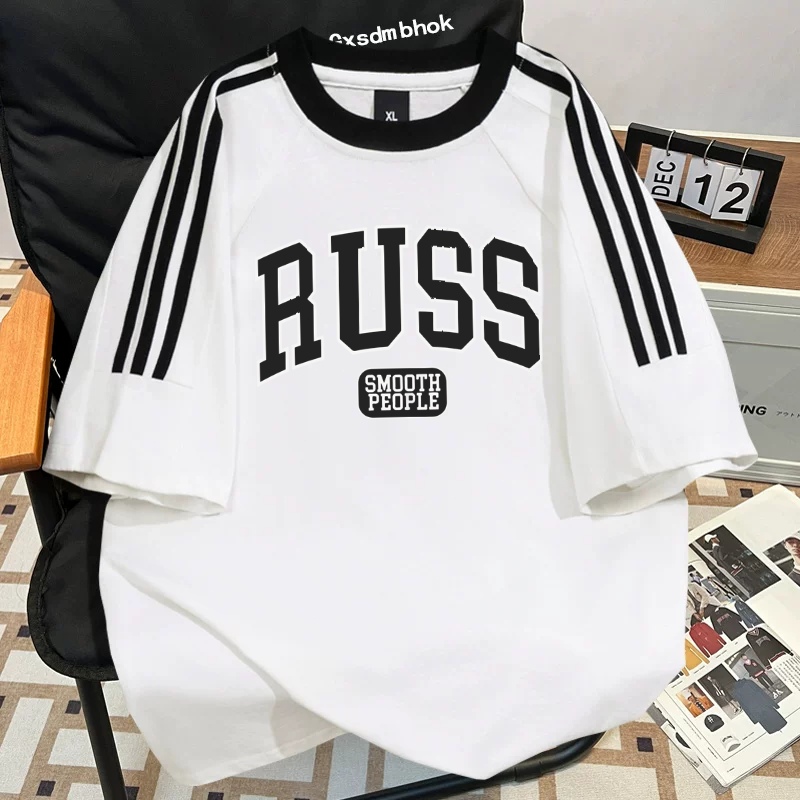 Premium T-shirt Oversize, Kaos lengan pendek katun murni, tiga garis, RUSS Printing, ukuran besar un