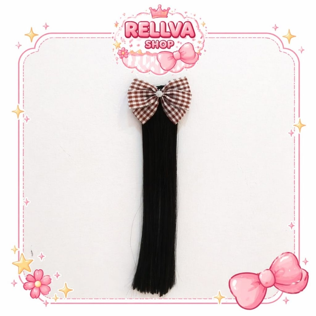 Wig jepit rambut anak sintesis pita coklat