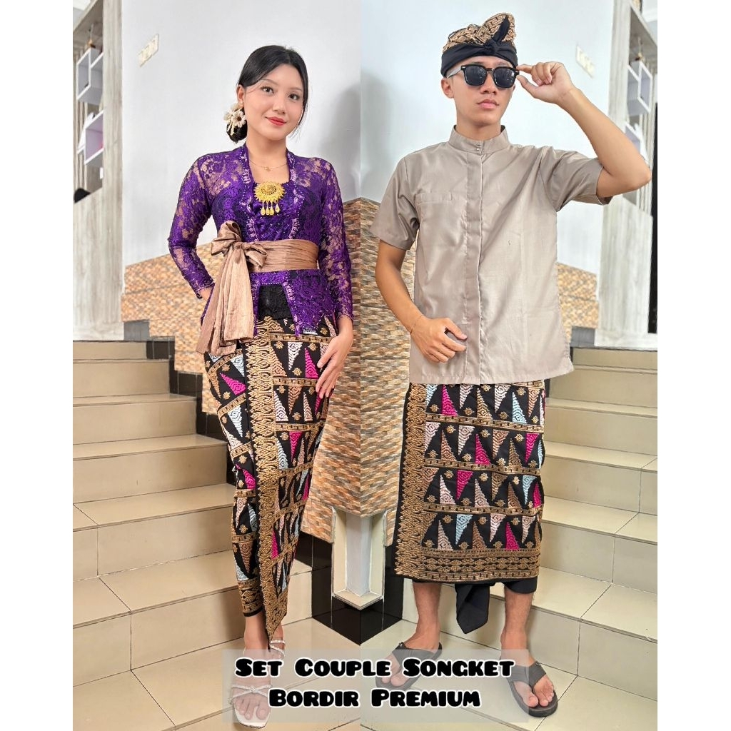 Set Couple Bordir Silver Songket Bali | Kamen Lembaran + Saput + udeng