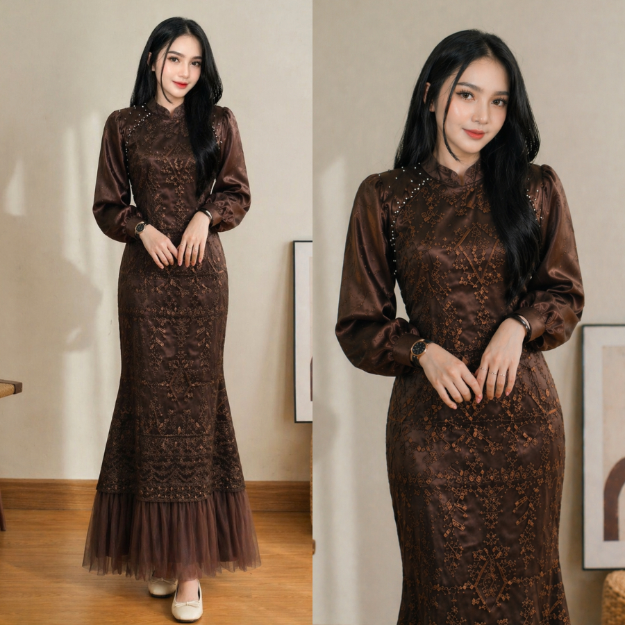Karina Dress Mahogany Simple Brokat Payet Premium Bridesmaid Kondangan Lamaran