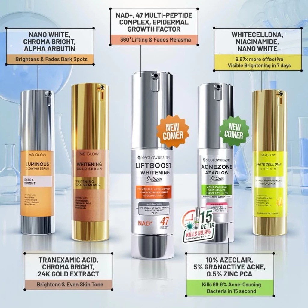 MS Glow Serum Wajah dengan Teknologi Nano White untuk Mencerahkan, Menyamarkan noda hitam, Mengecilk
