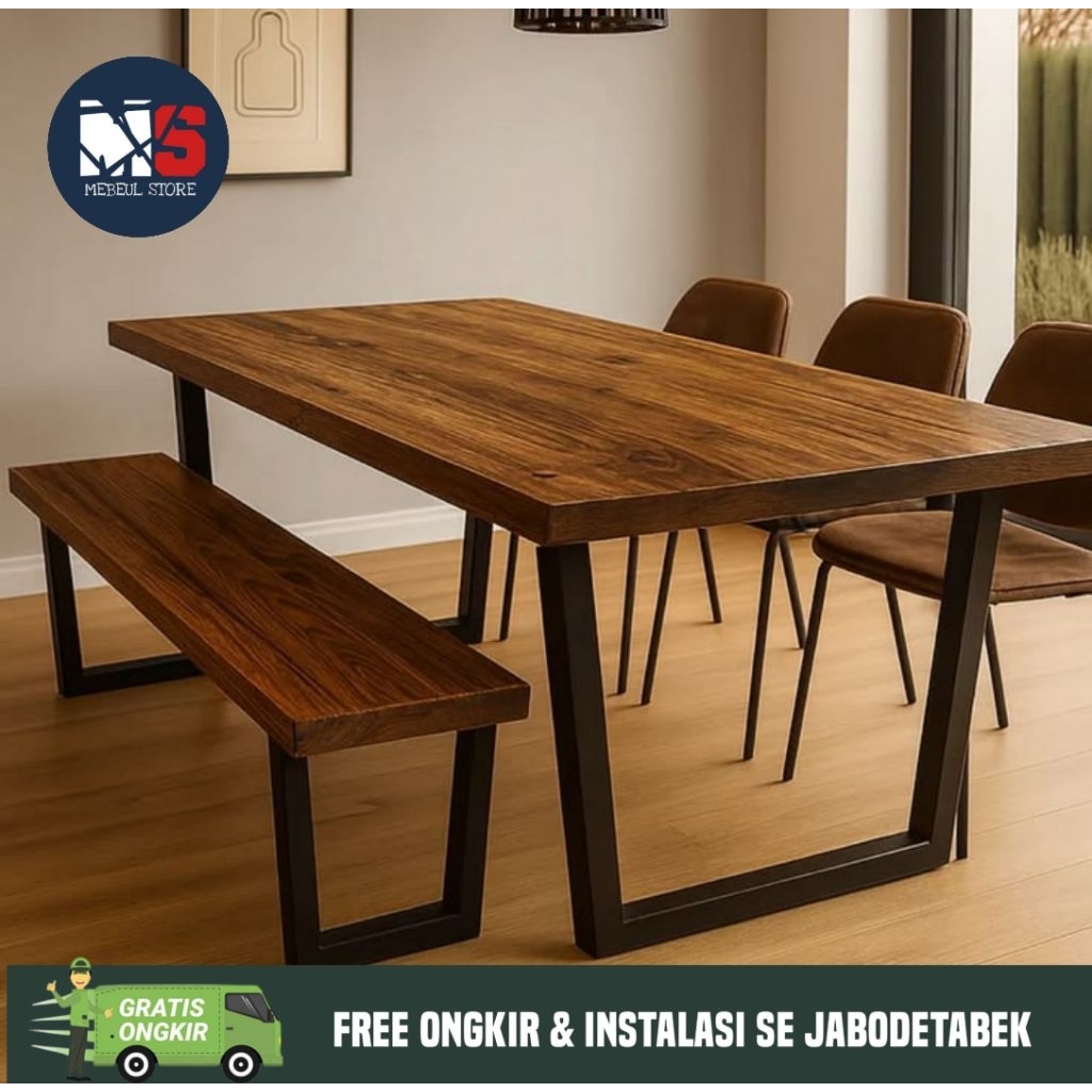 set meja makan kayu mahoni - meja makan 200 × 80 cm - meja makan set bangku panjang kayu mahoni