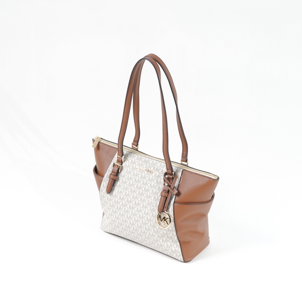 Tas MK CHARLOTTE SIDE POCKET MONOGRAM WHITE CAMEL ZIP TOTE BAG 100% ORIGINAL