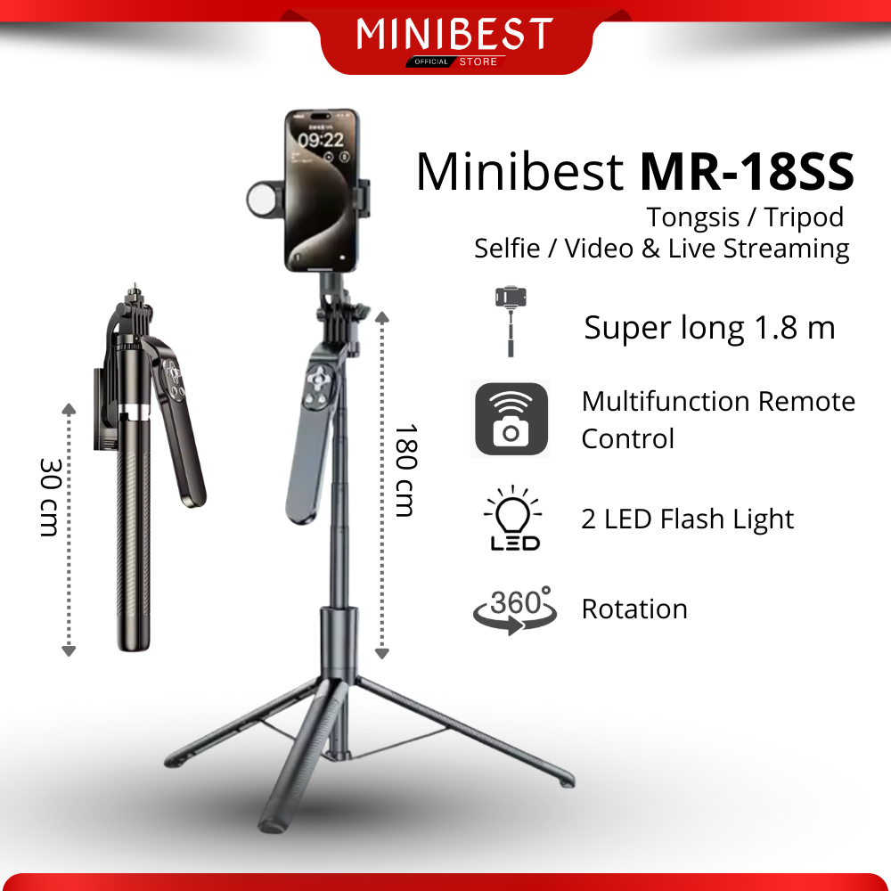 [ COD ]MINIBEST MR18-SS Tongsis Tripod 180CM Bluetooth Remote Video Light Selfie Stick Universal