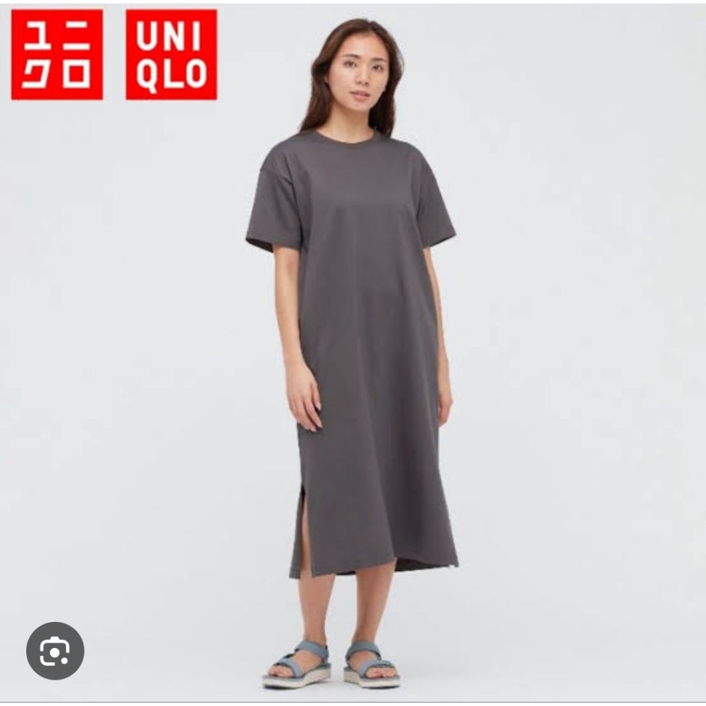 UNIQLO MERCERIZED COTTON SHORT SLEEVE LONG T-SHIRT DRESS IN DARK GREY