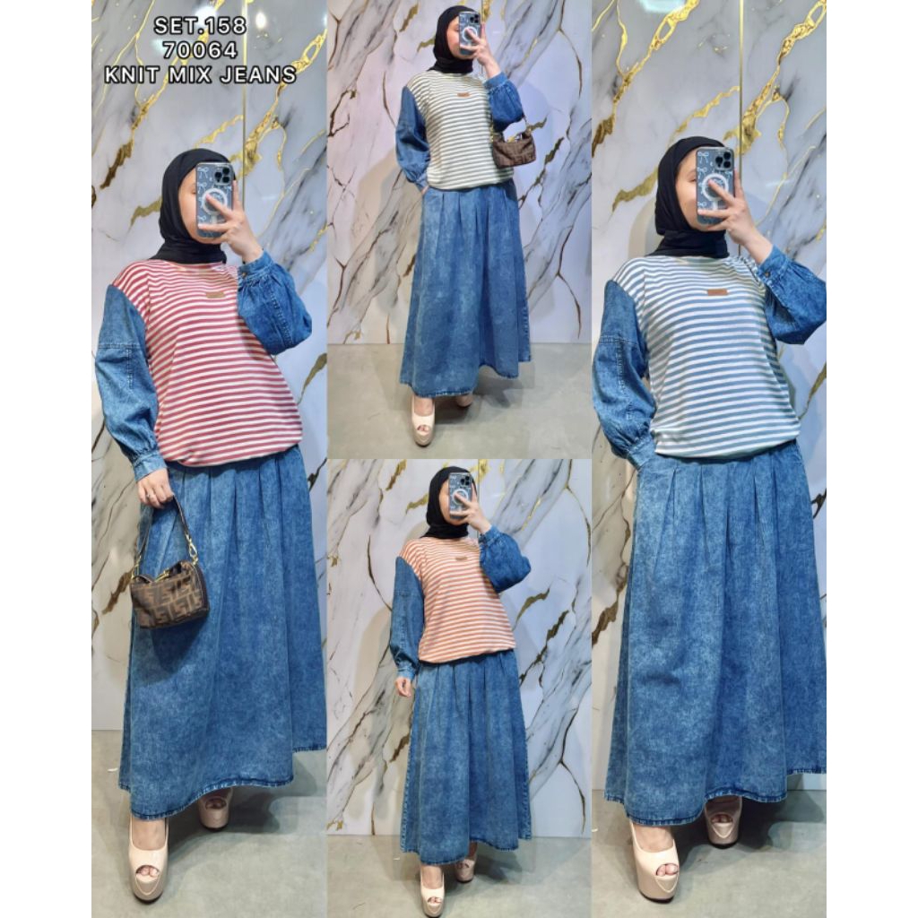 Setelah Rok jeans Wanita Kekinian Ld 110cm One Set wanita Terbaru