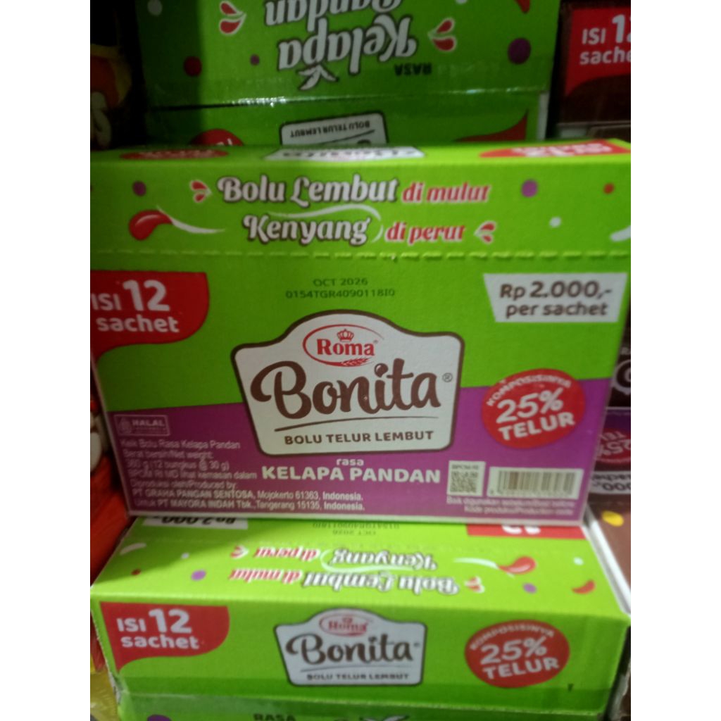 Roma Bonita Bolu Telur Lembut Rasa Kelapa Pandan 12pcs