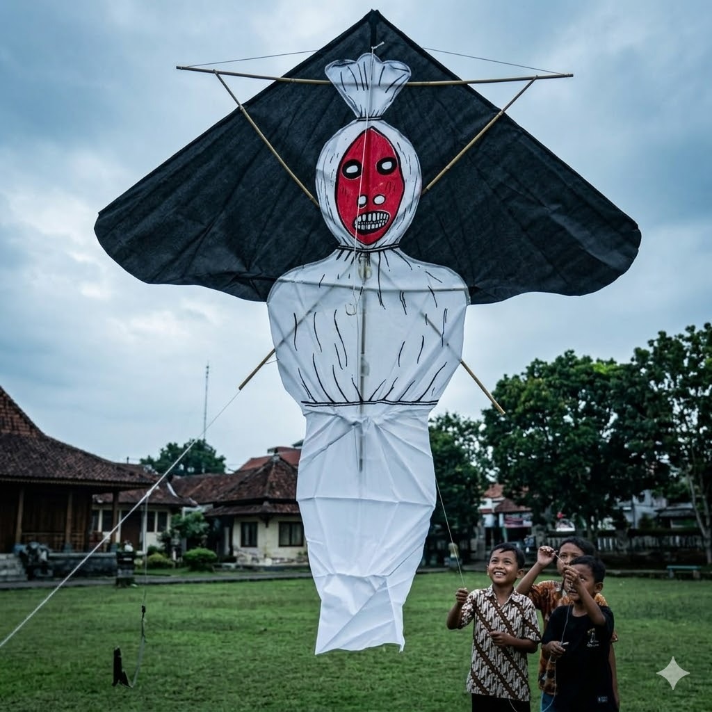 Serem Layang-layang model pocong  mainan layang-layang ukuran 1 meter bahan bambu